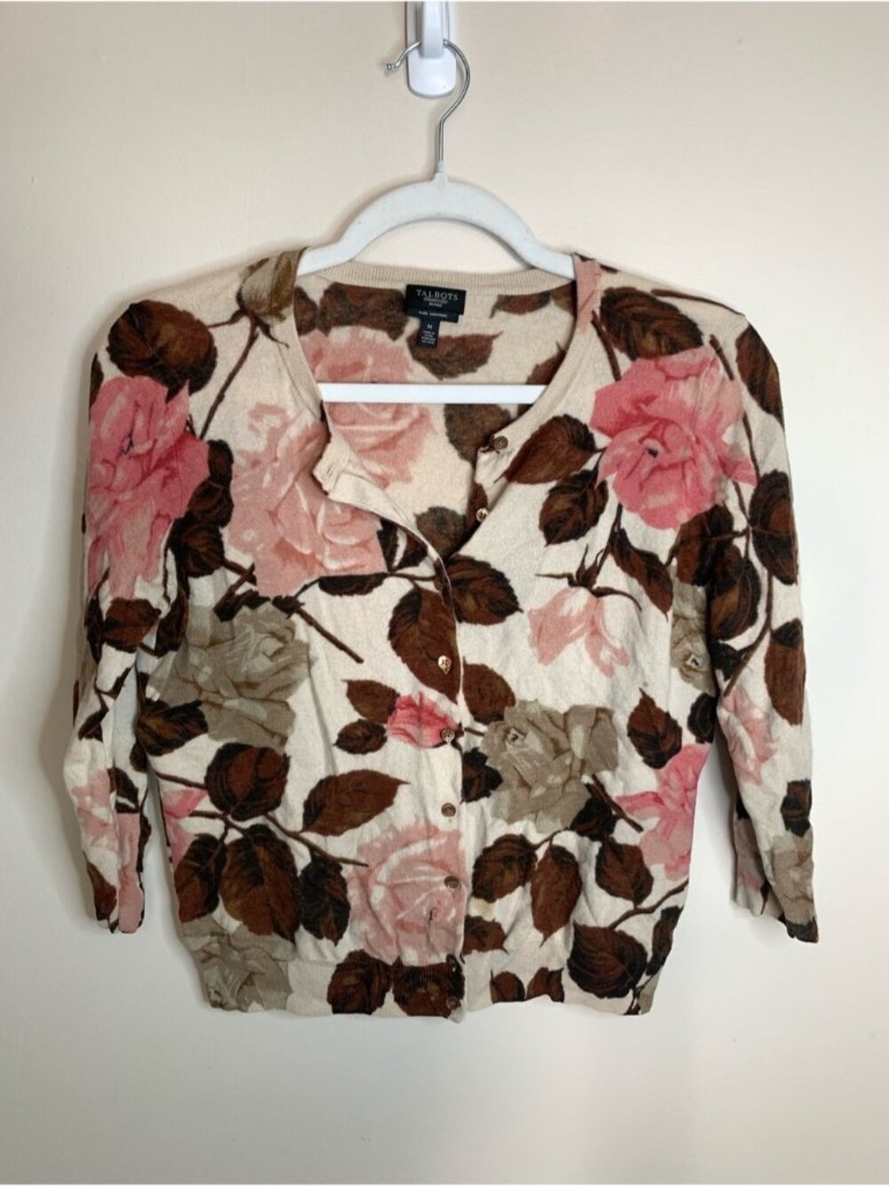 Talbots 100% Cashmere 3/4 Sleeve Button Up Cardigan Pink Brown Floral M